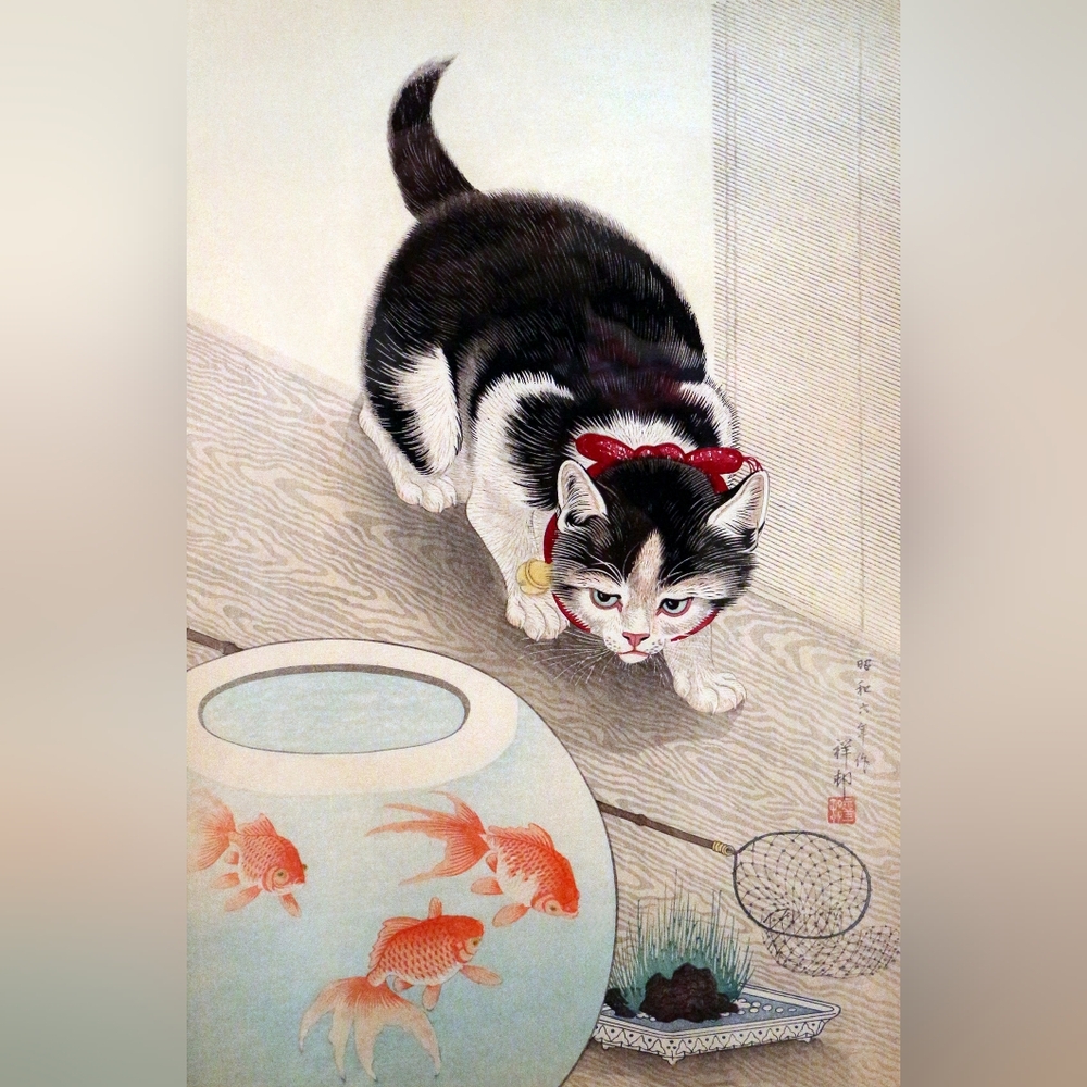 Ohara koson's Cat and goldfish bowl (1933), vintage animal illustration.